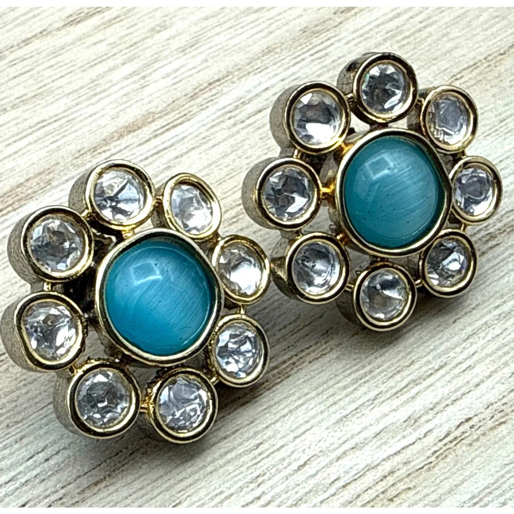 Crystal Halo Earrings Faux Turquoise Glass Cabochon Studs Southwestern Glam